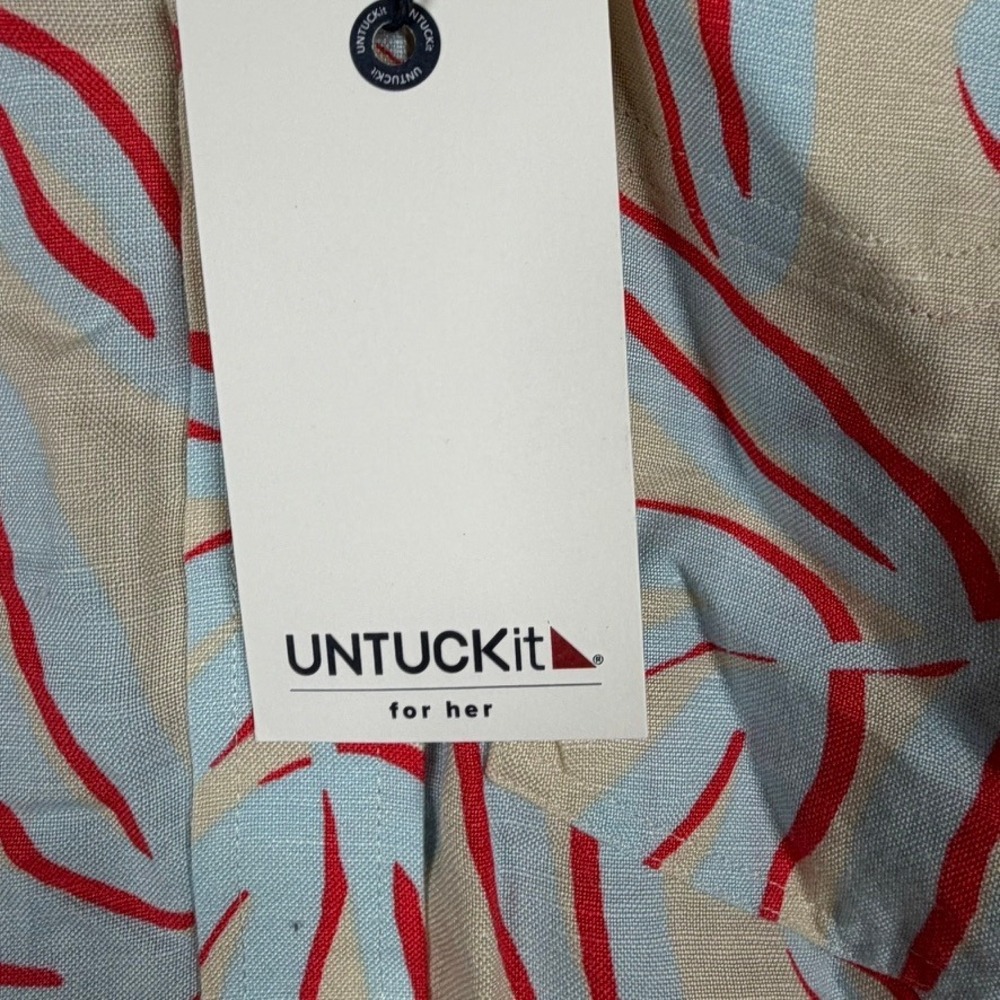 UNTUCKit Betty Linen Blend Shirt Dress XS Tan Blue Red Tropical Leaf Mini 42374 - Picture 6 of 11